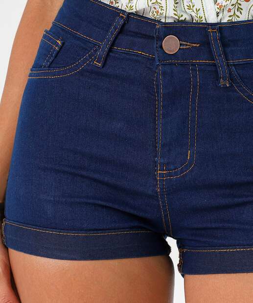 Short Feminino Jeans Barra Dobrado Bolsos Azul