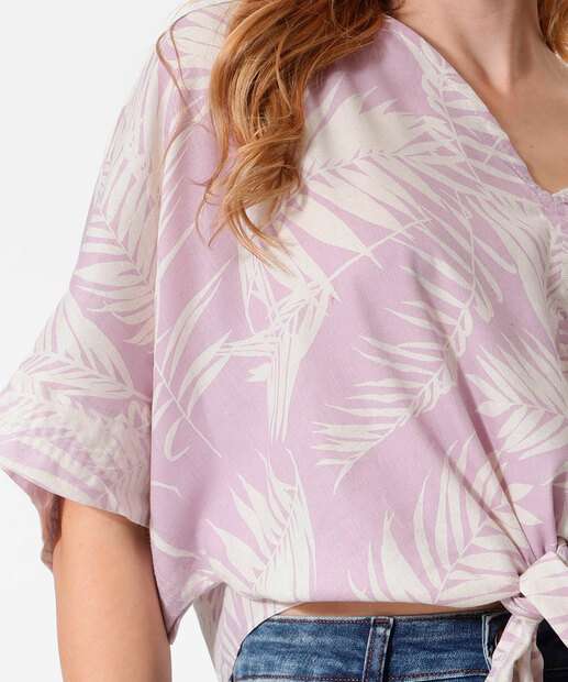 Blusa Feminina Estampa Folhas Amarração Manga 3/4 