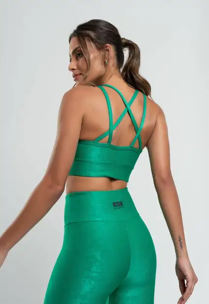 Top Suplex Canelado Brilho com Decote Alto e Tiras Verde Salvatore Fashion