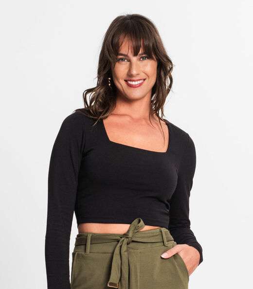 Blusa Manga Longa Feminina Em Cotton Leve Endless Preto