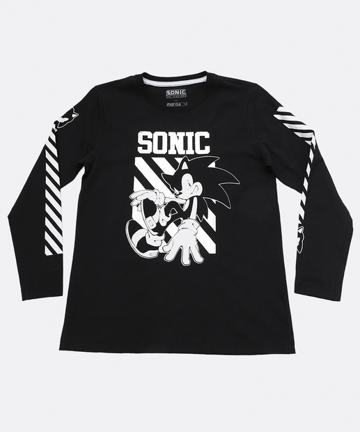 Camiseta Juvenil Manga Longa Sonic Preta