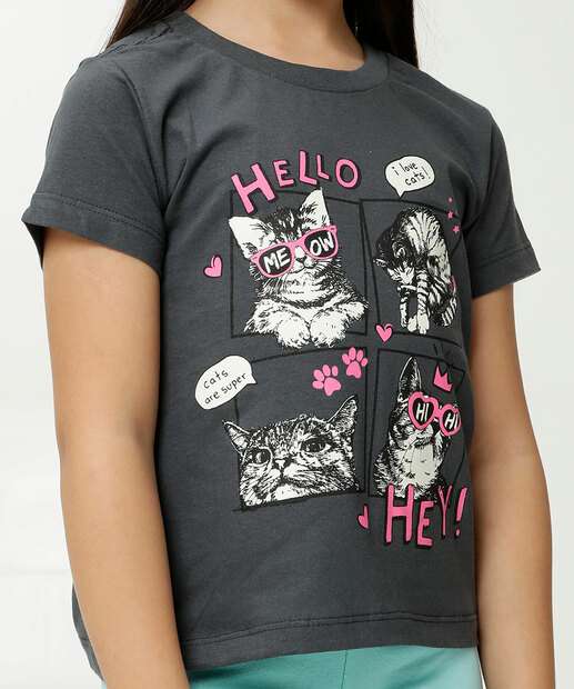 Camiseta Infantil Manga Curta Gatos Marisa Tam 4 a 10