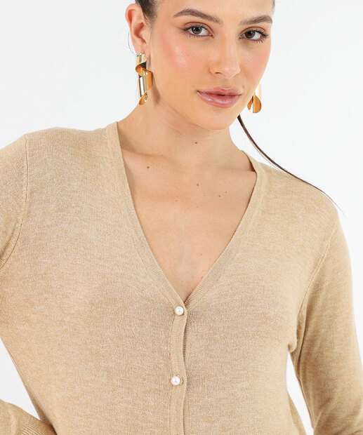 Cardigan Feminino Botões Pérolas Sintéticas Marisa Bege