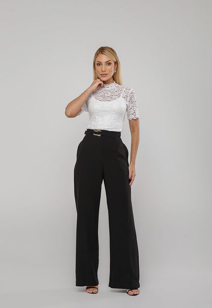 Blusa de Renda Gola Alta E Manga Curta Branco Salvatore