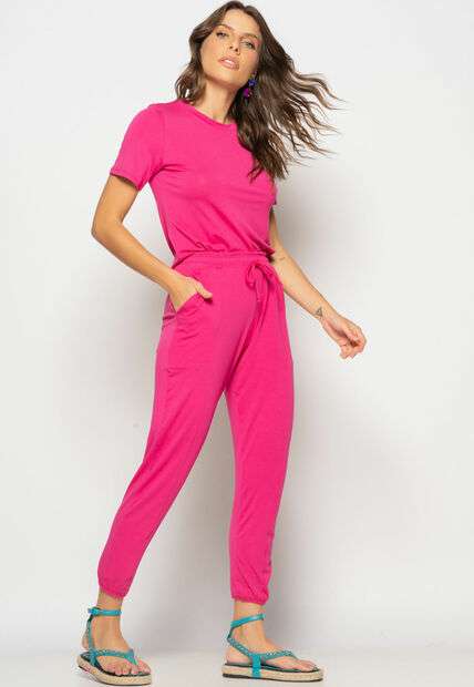 Conjunto Blusa Gola Redonda M/C e Jogger Recortes Malha Rosa Salvatore