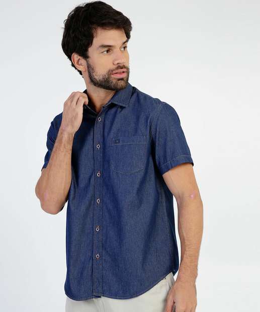 Camisa Masculina Jeans Bolso Manga Curta
