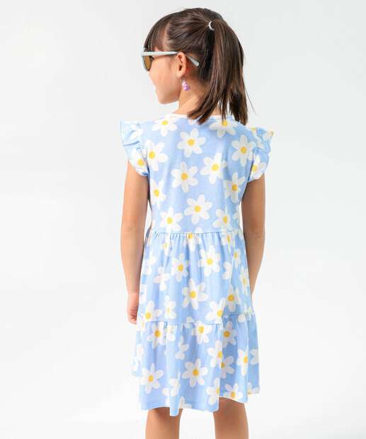 Vestido Infantil Margaridas Manga Curta Marisa Tam 4 a 10 Azul