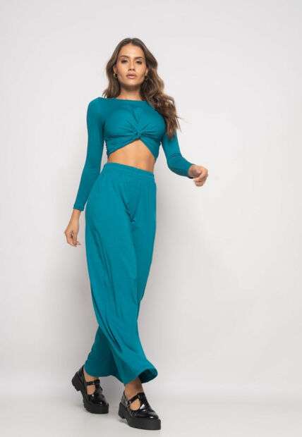 Conjunto Cropped Nó e Wide Leg Manga Longa Malha Azul Salvatore