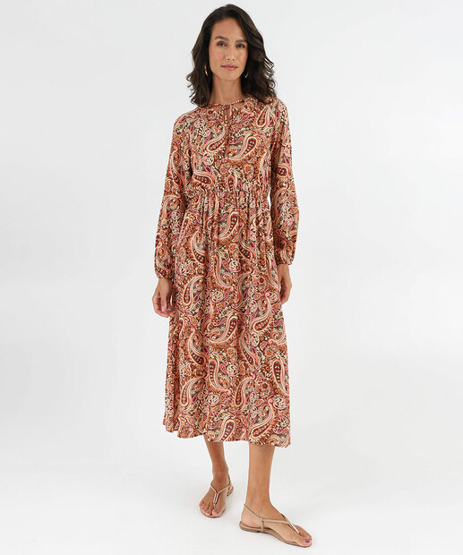 Vestido Midi Feminino Brilho Lurex Paisley Marisa Marrom