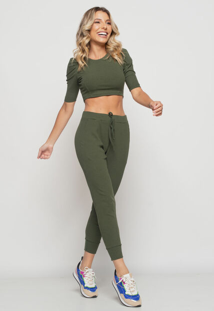Cropped  Princesa Gola Redonda Malha Canelada Verde Salvatore Fashion