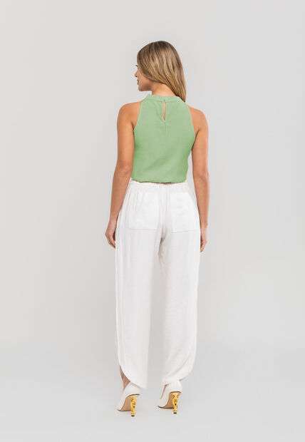 Regata Feminina Com Babado e Gola Alta Em Viscolinho Verde Salvatore