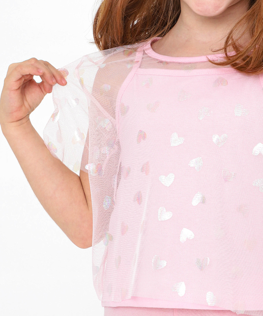 Blusa Infantil Tule Coração Foil Marisa Tam 4 a 10 Rosa