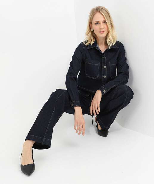 Jaqueta Cropped Feminina Jeans Bolso Sawary Azul