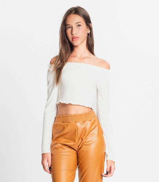 Blusa Juvenil Feminina Manga Longa Canelada Minty Bege