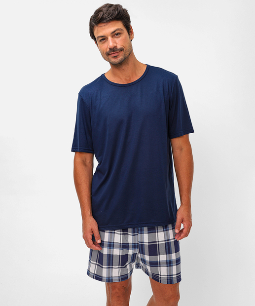 Pijama Masculino Xadrez Manga Curta MR Azul