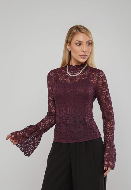 Blusa De Renda Com Manga Longa Flare Roxo Salvatore