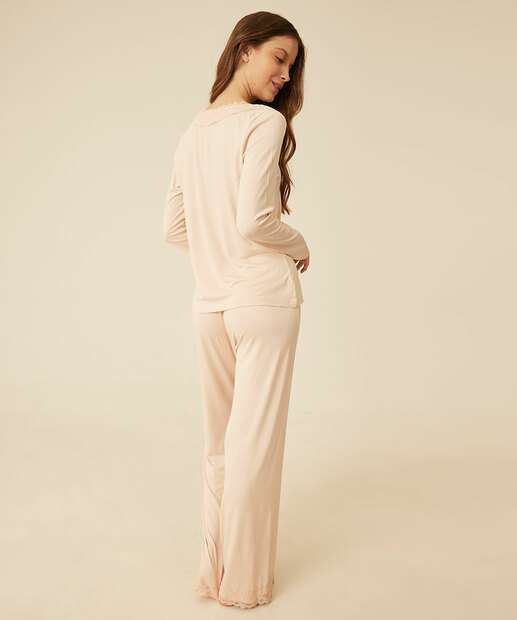 Pijama Feminino Recorte Renda Manga Longa   