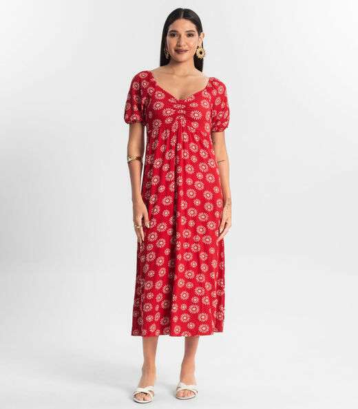 Vestido Feminino Midi Estampado Rovitex Vermelho