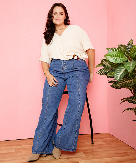 Blusa Plus Size Feminina Transpassada Manga Curta Marisa