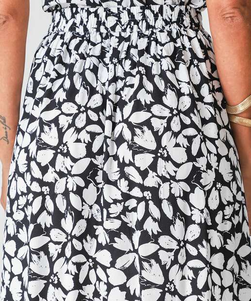 Saia Midi Feminina Estampa Flores Babado Marisa Preto