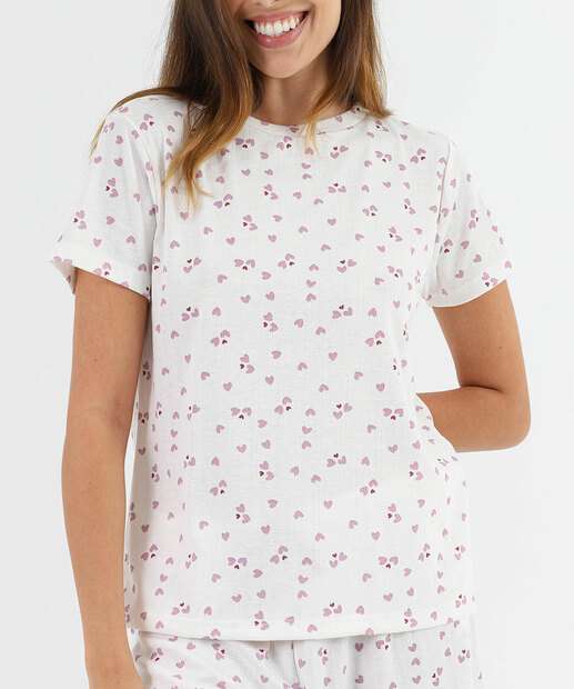 Pijama Feminino Estampa Corações Marisa Off White