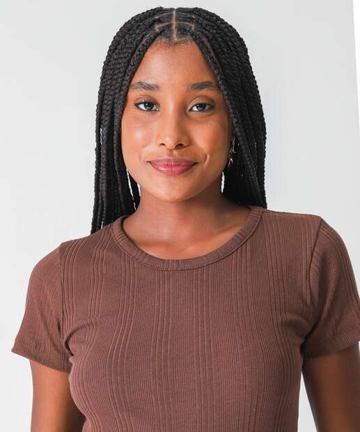 Vestido Feminino Canelado Manga Curta Marisa Marrom