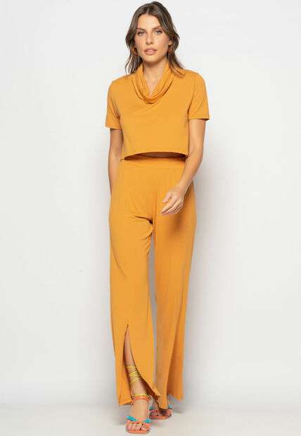 Conjunto Cropped Golão E Calça Fenda Frontal Malha Caramelo Salvatore