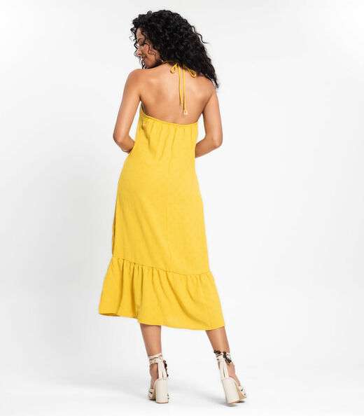 Vestido Midi De Alça E Babados Em Air Flow Rovitex Amarelo