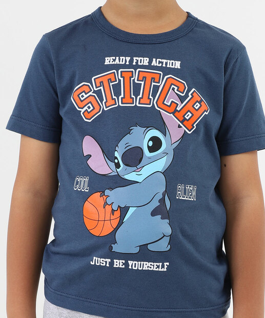 Conjunto Infantil Stitch Manga Curta Tam 4 a 10 Azul
