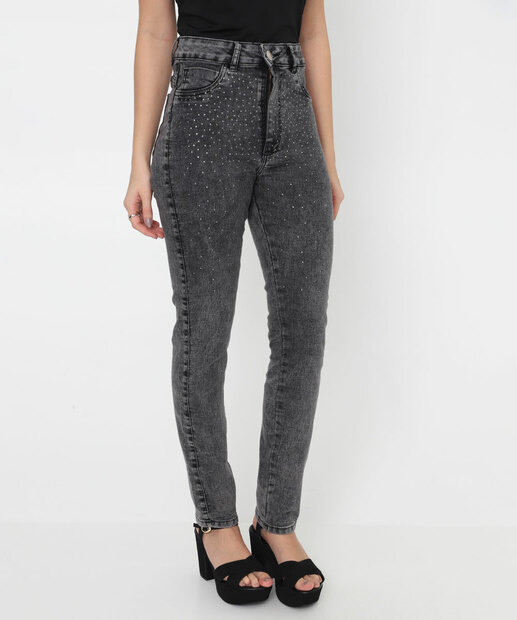 Calça Jeans Skinny Strass Feminina Preto