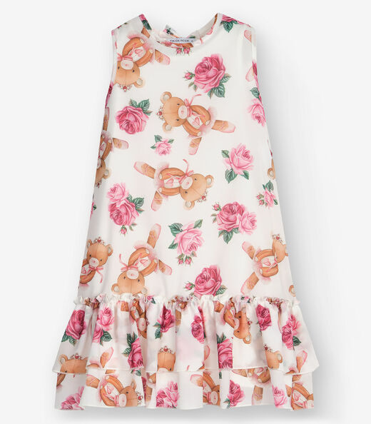 Vestido Meia Malha e Chiffon Trick Nick Bege