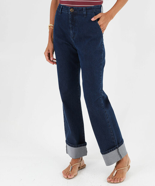 Calça Jeans Reta Feminina Barra Dobrada Marisa Azul 