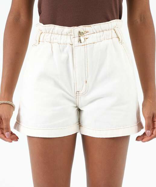 Short Feminino Sarja Clochard Cintura Alta Off White
