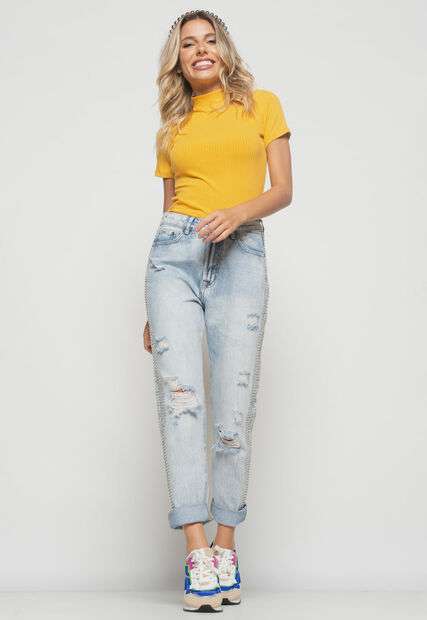 Blusa  Gola Alta Malha Canelada Mostarda