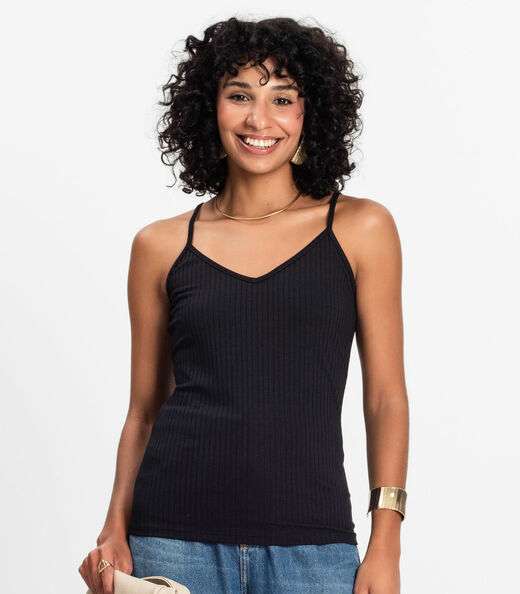 Blusa De Alça Feminina Ribana Canelada Rovitex Preto