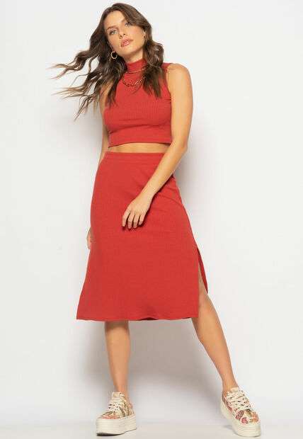Conjunto Cropped Regata E Saia Midi Malha Canelada Terracota Salvatore