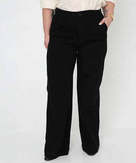 Calça Plus Size Feminina Wide Leg Petit Sarja Sawary Preto