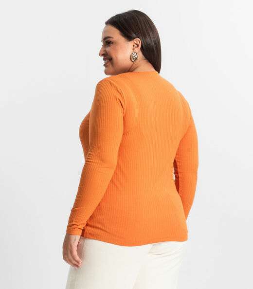 Blusa Plus Size Em Ribana Canelada  Secret Glam Laranja