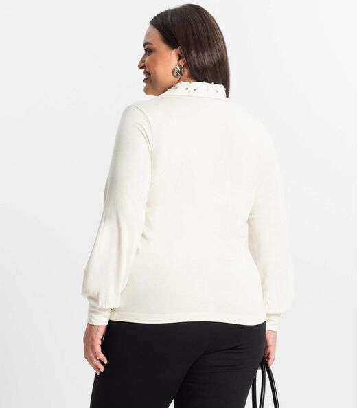Camisa Plus Size Manga Longa Feminina Secret Glam Bege