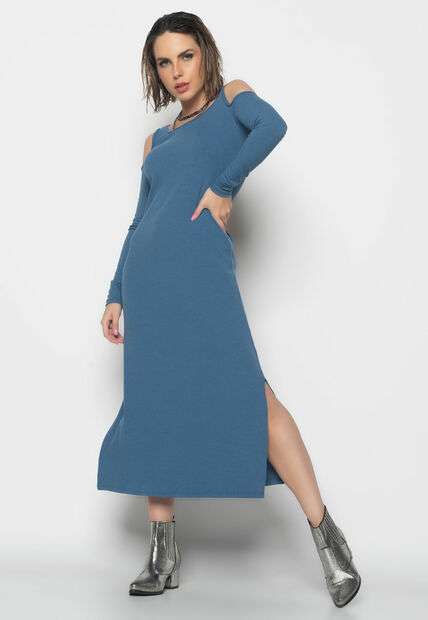 Image_Vestido Midi Ombro Vazado Manga Longa Canelado  Fashion Azul Jeans