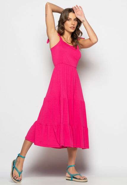 Vestido Midi Babado Com Alça Amarração Malha Rosa Salvatore