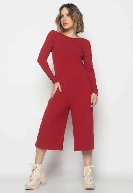 Image_Macacão Manga Longa  Pantacourt Canelado  Fashion Vermelho