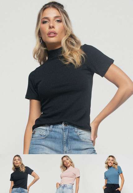 Image_Kit 3 Blusas  Gola Alta Comfy Malha Canelada Preta, Azul e Rosa