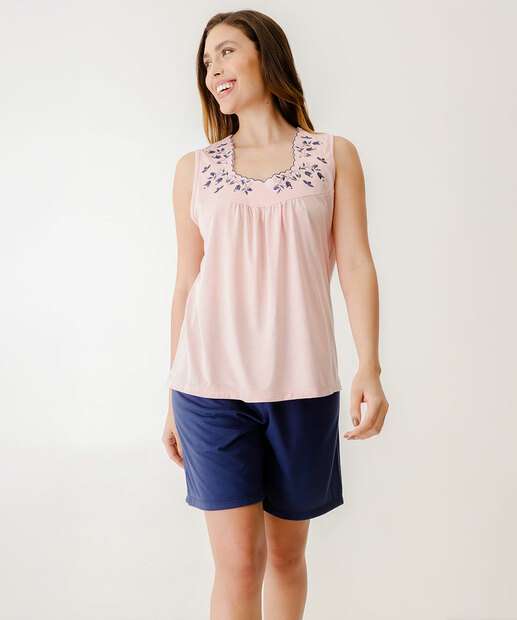 Pijama Feminino Bordado Marisa Rosa