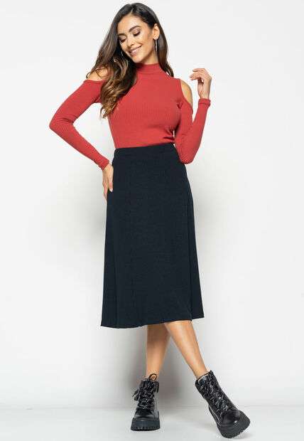 Blusa  Ombro Vazado Manga Longa Canelada Terracota