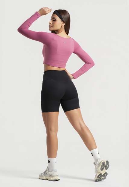 Cropped Manga Longa Decote Quadrado Rosa Wemood