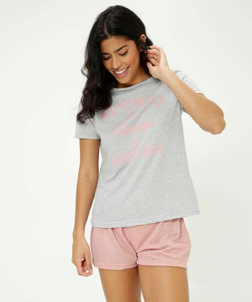 Pijama Feminino Listrado Frase Manga Curta Marisa