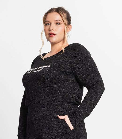 Blusa Feminina Manga Longa Plus Size Secret Glam Preto