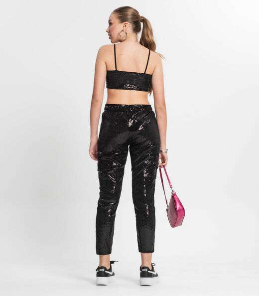 Calça Reta Juvenil Em Paetê Minty Preto