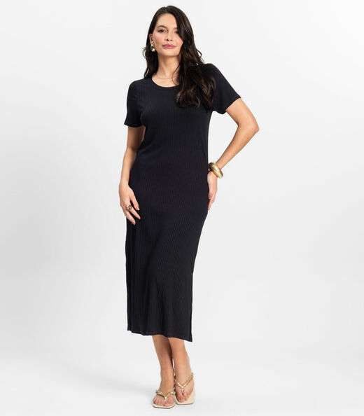 Vestido Midi Ribana Canelada Básico Rovitex Preto